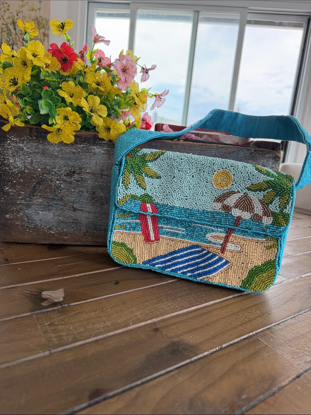 Hand-Beaded Beach Scene Crossbody Bag - Turquoise
